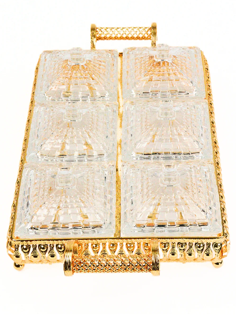 Vassoio da portata con 6 o 4 scomparti in cristallo Oro elegante adatto per snack divisi tipo frutta secca-biscotti