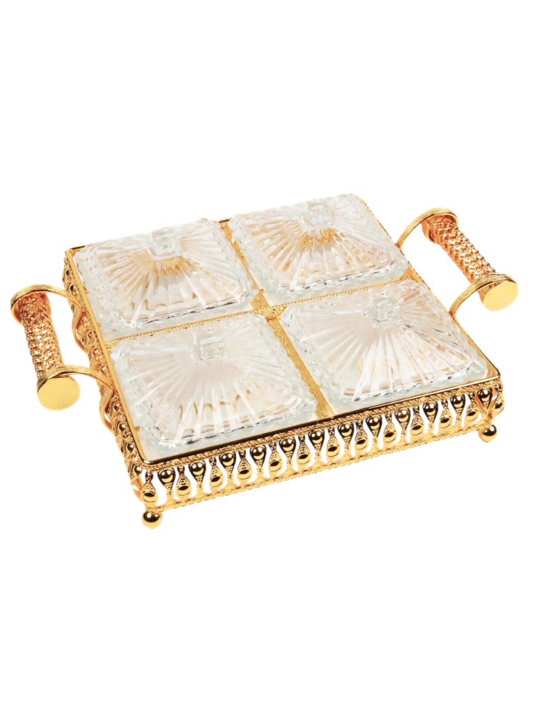Vassoio da portata con 6 o 4 scomparti in cristallo Oro elegante adatto per snack divisi tipo frutta secca-biscotti