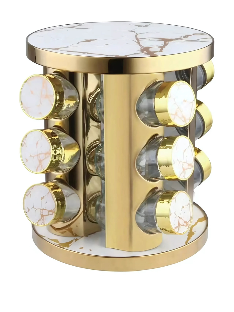 Set porta spezie girevole 360° in acciaio inox bianco con ritocchi in color oro composto da 9 vasetti in vetro