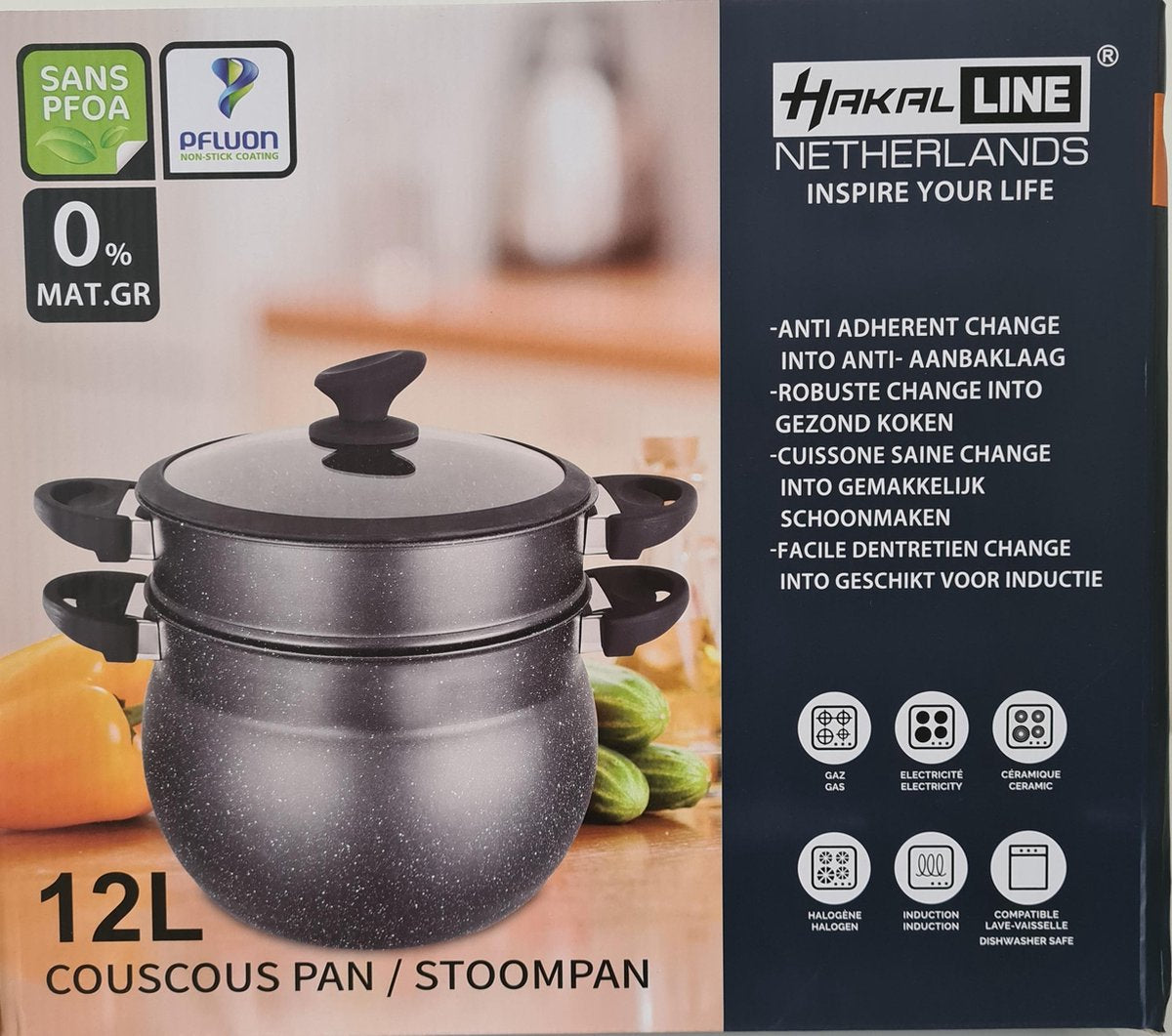 Couscoussiera Pentola per Cous Cous Cuscus Vaporiera a Induzione 6L 12L Antiaderente Nera