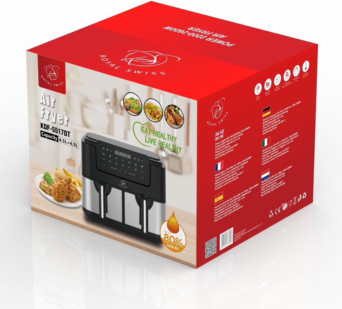 Royal Swiss Fryer ® Friggitrice Ad Aria Doppia 4.5L + 4.5L - un nuovo modo sano e gustoso di cucinare - 95% di grassi in meno e fino all'80% di calorie in meno - 8 programmi preimpostati -Potenza 2600W