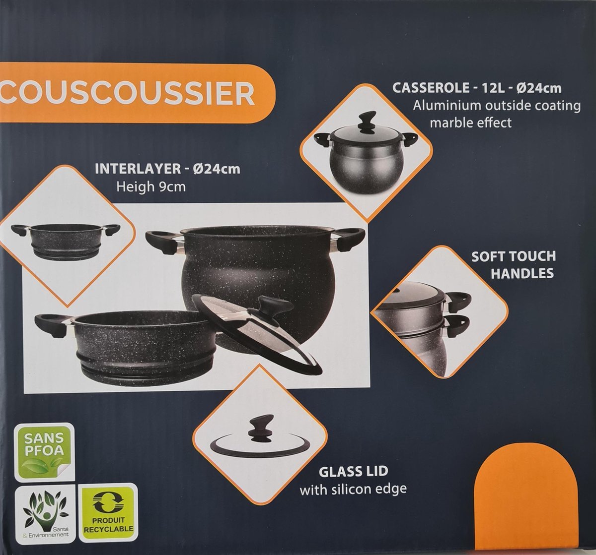 Couscoussiera Pentola per Cous Cous Cuscus Vaporiera a Induzione 6L 12L Antiaderente Nera