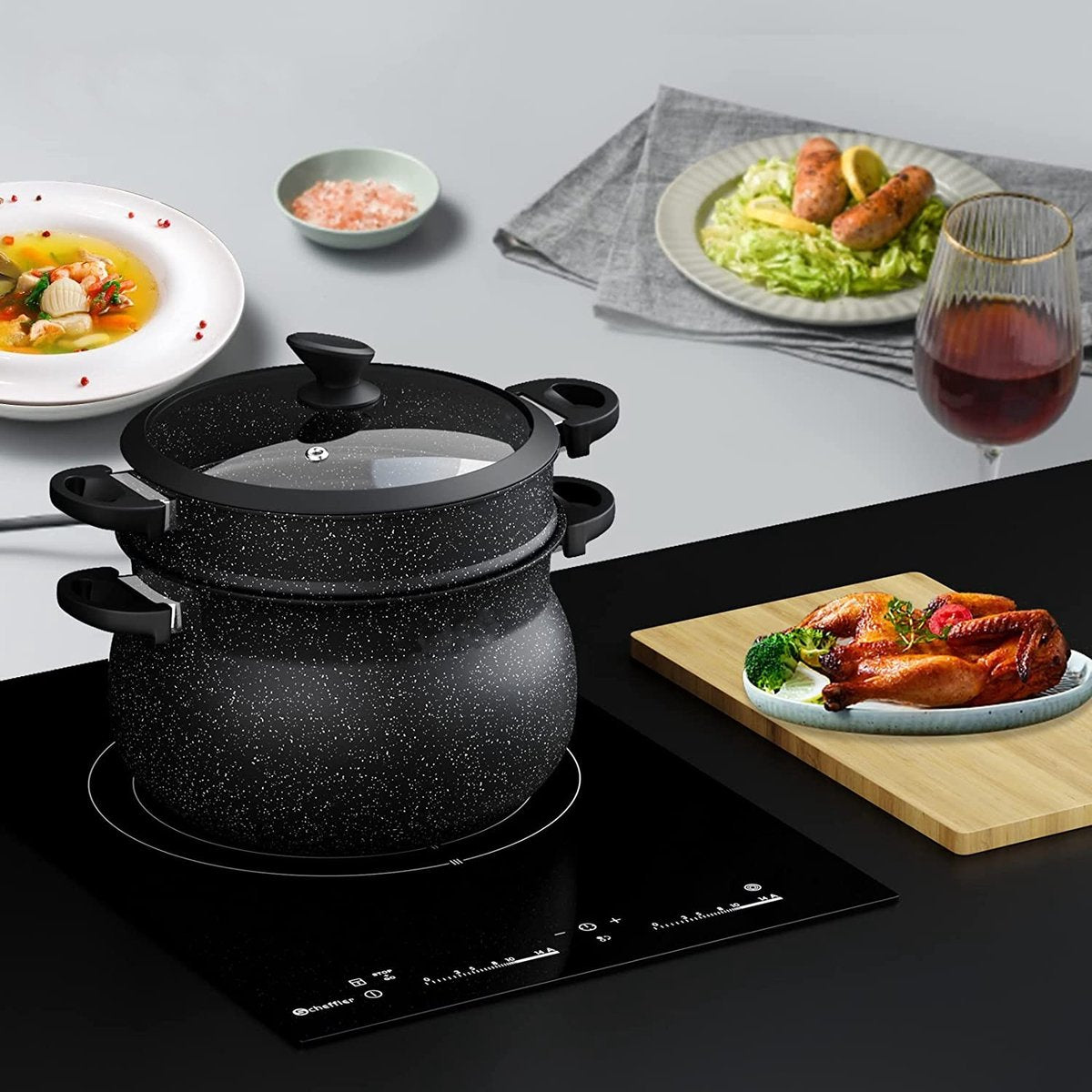 Couscoussiera Pentola per Cous Cous Cuscus Vaporiera a Induzione 6L 12L Antiaderente Nera