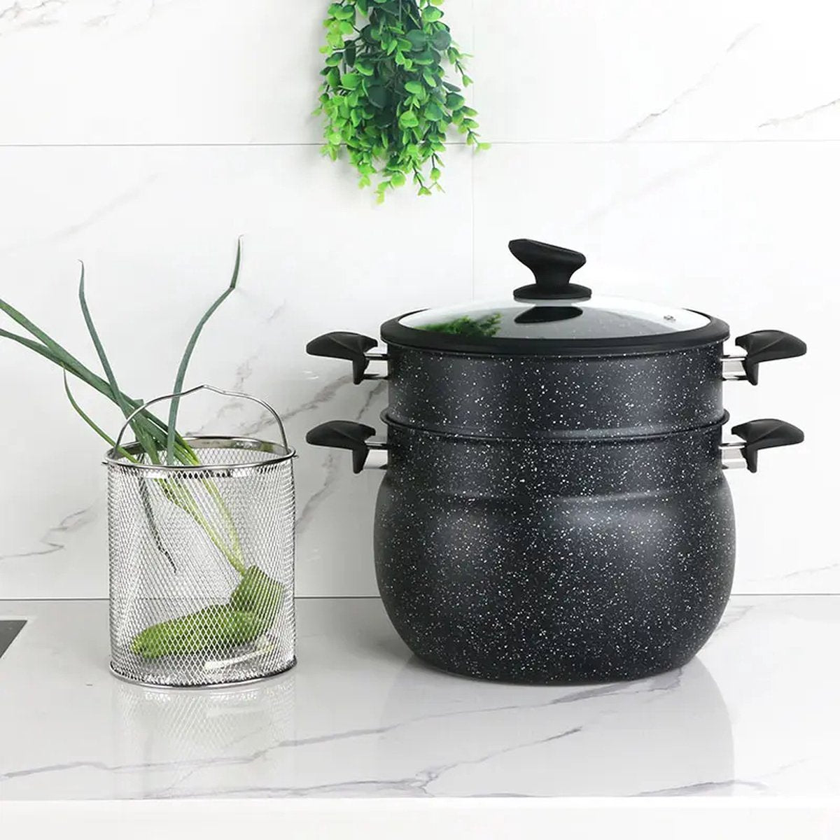 Couscoussiera Pentola per Cous Cous Cuscus Vaporiera a Induzione 6L 12L Antiaderente Nera