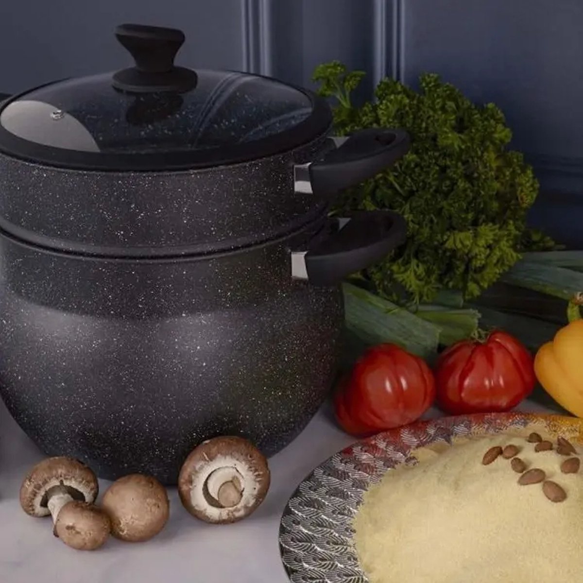 Couscoussiera Pentola per Cous Cous Cuscus Vaporiera a Induzione 6L 12L Antiaderente Nera