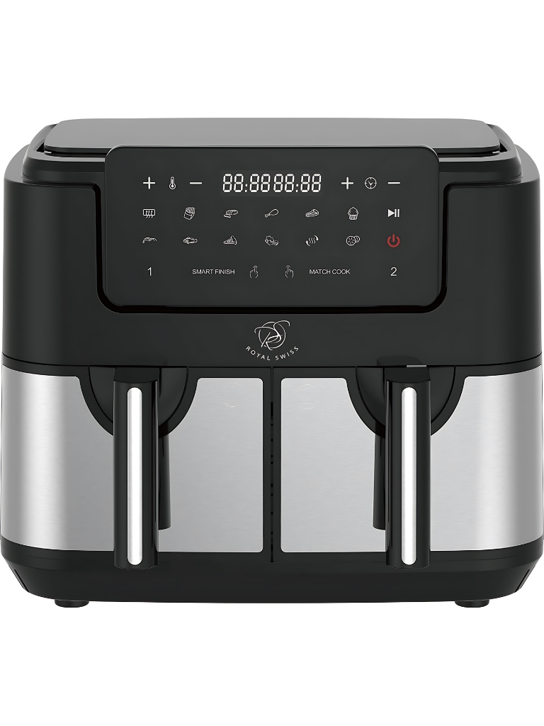 Royal Swiss Fryer ® Friggitrice Ad Aria Doppia 4.5L + 4.5L - un nuovo modo sano e gustoso di cucinare - 95% di grassi in meno e fino all'80% di calorie in meno - 8 programmi preimpostati -Potenza 2600W