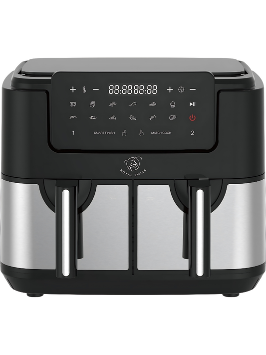 Royal Swiss Fryer ® Friggitrice Ad Aria Doppia 4.5L + 4.5L - un nuovo modo sano e gustoso di cucinare - 95% di grassi in meno e fino all'80% di calorie in meno - 8 programmi preimpostati -Potenza 2600W