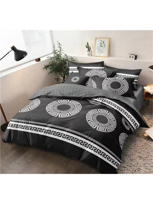 Completo 4pz lenzuolo + copri cuscini + piumino con motivo