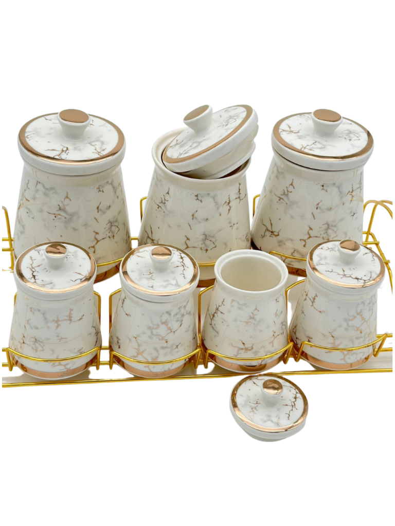 Set di Contenitori 7 Pezzi Premium Oro in Porcellana Spezie Varie