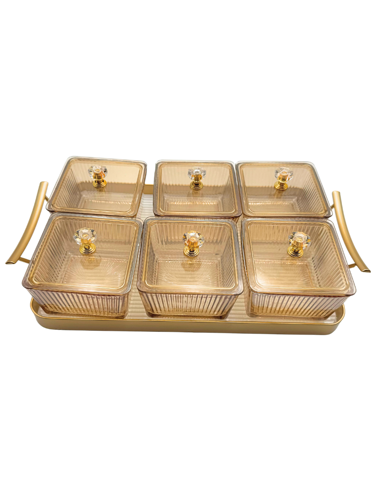 Set da 6 ciotole con vassoio porta snak/dolci in vetro colorato