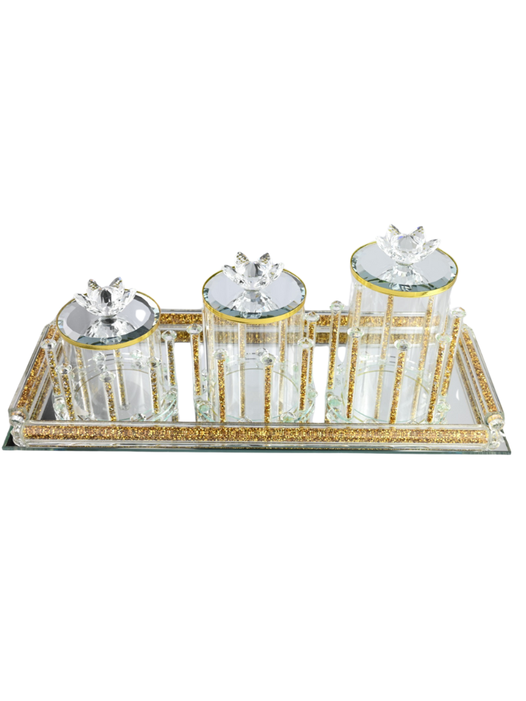 Set Porta Zucchero Oro Motivo Arabo Luxury Vetro Lusso 3 Contenitori