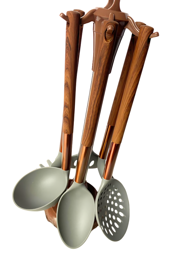 Set Utensili Mestoli da Cucina 6 Pezzi in Silicone Manico Marmo Con Supporto
