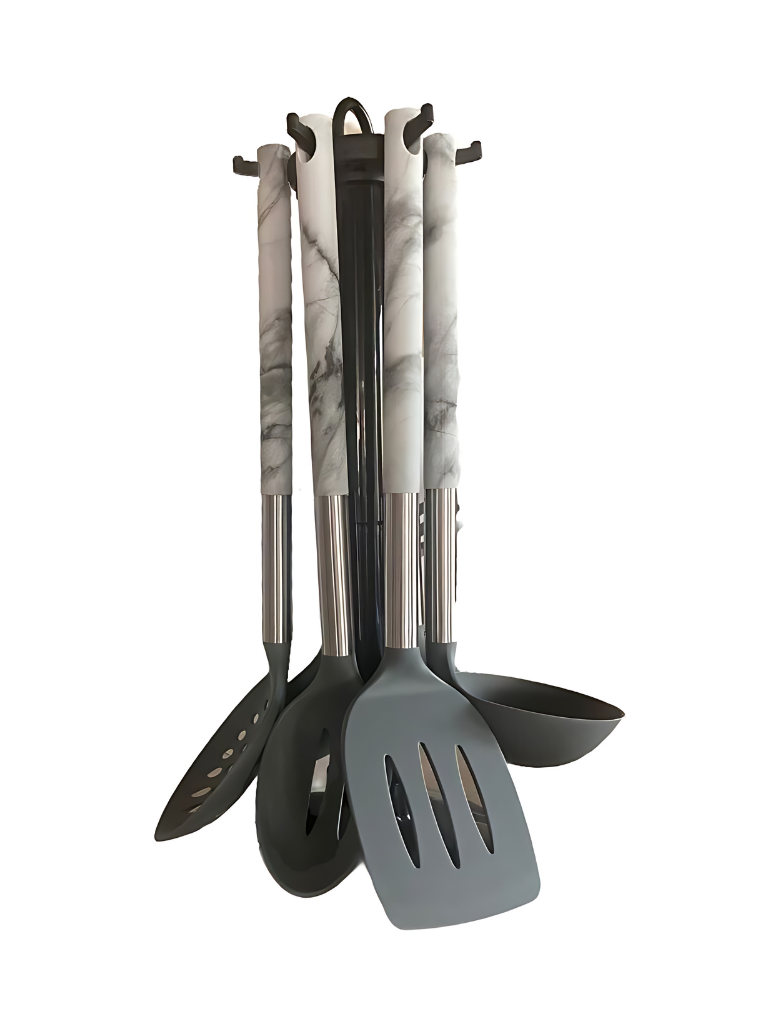 Set Utensili Mestoli da Cucina 6 Pezzi in Silicone Manico Marmo Con Supporto