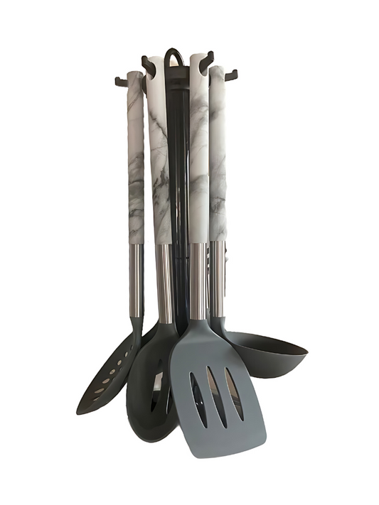 Set Utensili Mestoli da Cucina 6 Pezzi in Silicone Manico Marmo Con Supporto