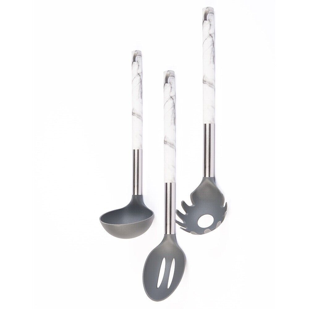 Set Utensili Mestoli da Cucina 6 Pezzi in Silicone Manico Marmo Con Supporto