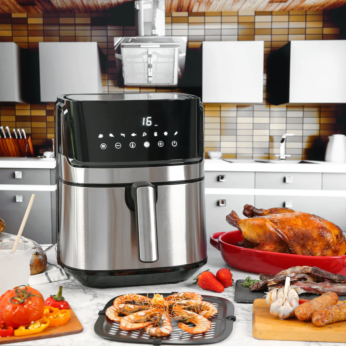 Royal Swiss Fryer ® Friggitrice Ad Aria da 8L 1700W - un nuovo modo sano e gustoso di cucinare - 95% di grassi in meno e fino all'80% di calorie in meno - 8 programmi preimpostati