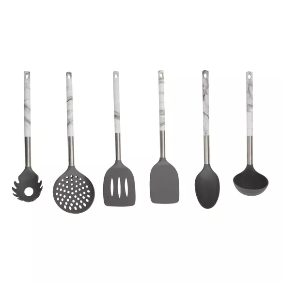 Set Utensili Mestoli da Cucina 6 Pezzi in Silicone Manico Marmo Con Supporto
