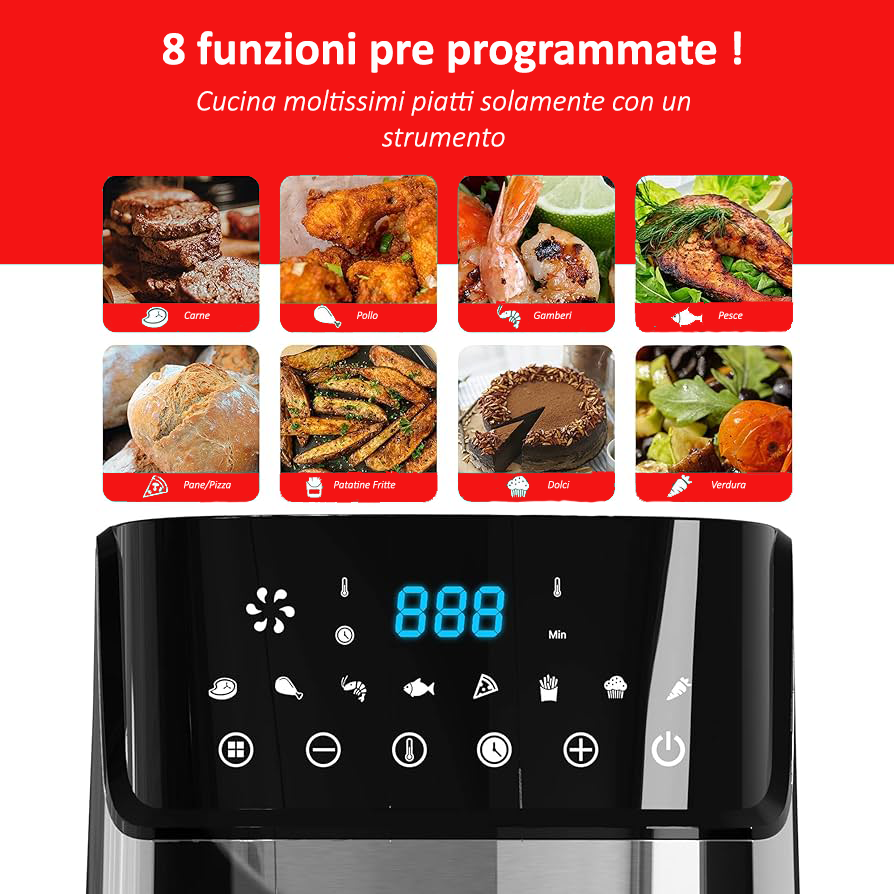 Royal Swiss Fryer ® Friggitrice Ad Aria da 8L 1700W - un nuovo modo sano e gustoso di cucinare - 95% di grassi in meno e fino all'80% di calorie in meno - 8 programmi preimpostati