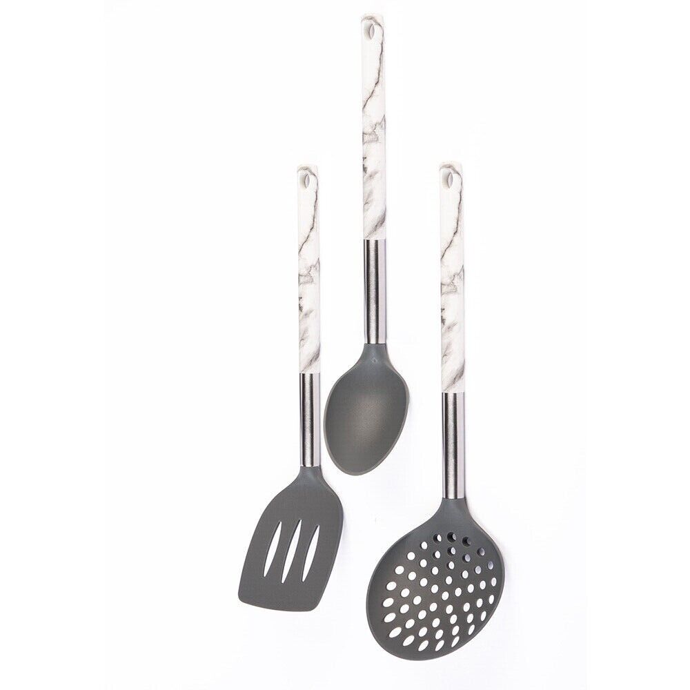 Set Utensili Mestoli da Cucina 6 Pezzi in Silicone Manico Marmo Con Supporto