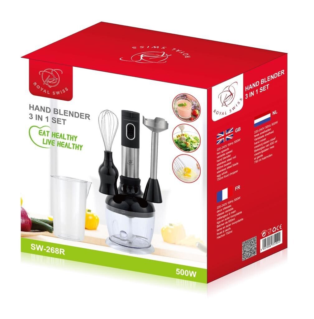 Royal Swiss Pan Set ® - Frullatore Ad Immersione 3 in 1 - Multiplo e Frusta - potente motore da 500 watt - 2 velocità - Frusta a immersione in acciaio inox rimovibile - contenitore di miscelazione di alta qualità da 650 ml