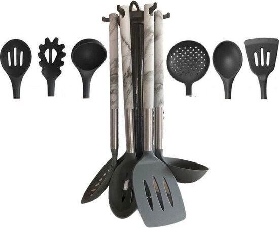 Set Utensili Mestoli da Cucina 6 Pezzi in Silicone Manico Marmo Con Supporto